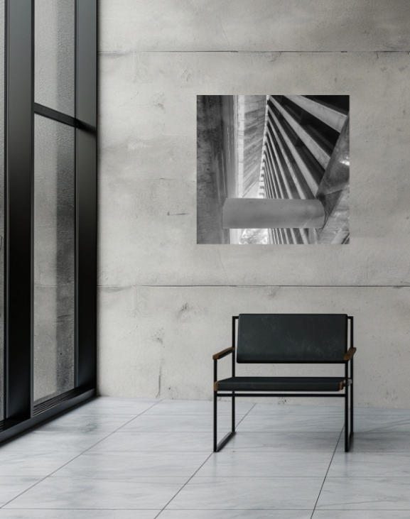 Below Grade 30 × 30 inch acrylic print shown to scale in a contemporary interior