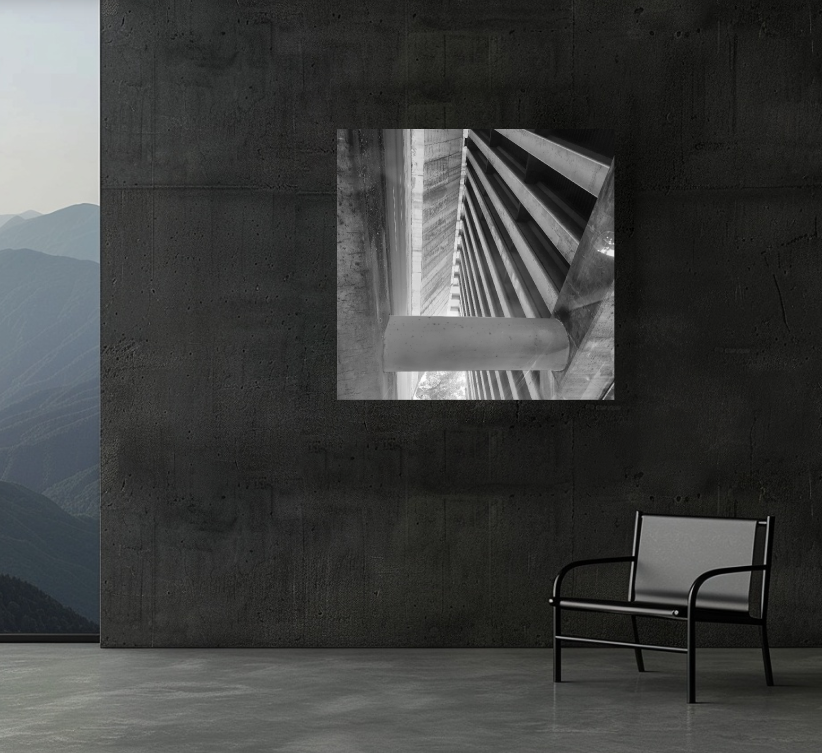 Below Grade 40 × 40 inch acrylic print shown to scale in a contemporary interior