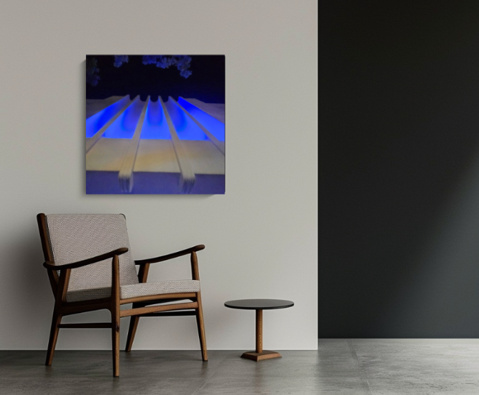 Blue Fins 30 × 30 inch metal print shown to scale in a contemporary interior