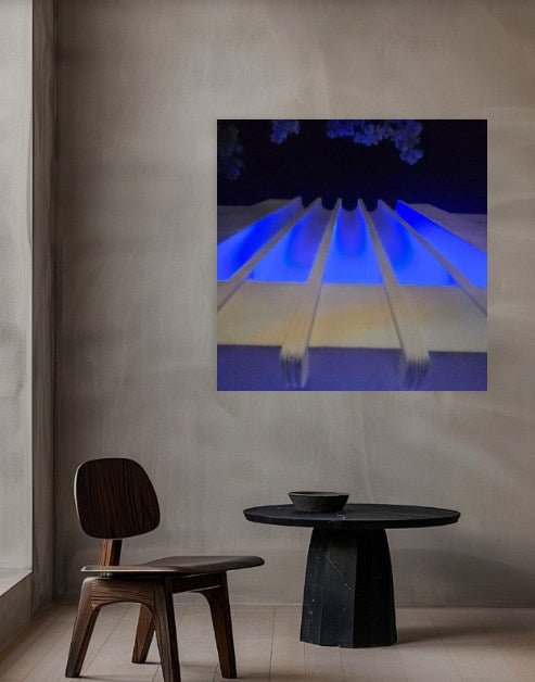 Blue Fins 40 × 40 inch metal print shown to scale in a contemporary interior