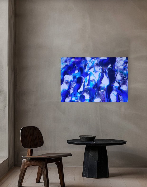 Cobalt Blue 36 × 24 inch metal print shown to scale in a contemporary interior