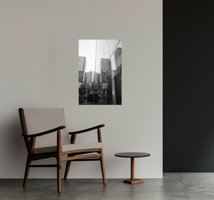 Glassline Convergence 24 × 36 inch acrylic print shown to scale in a contemporary interior