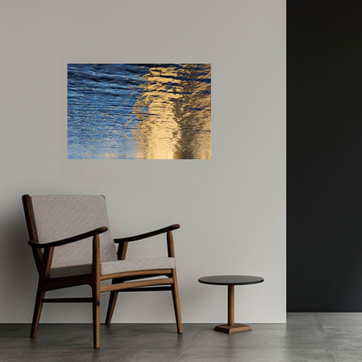 Gold Interval 36 × 24-inch metal print displayed in a contemporary interior above a modern lounge chair.