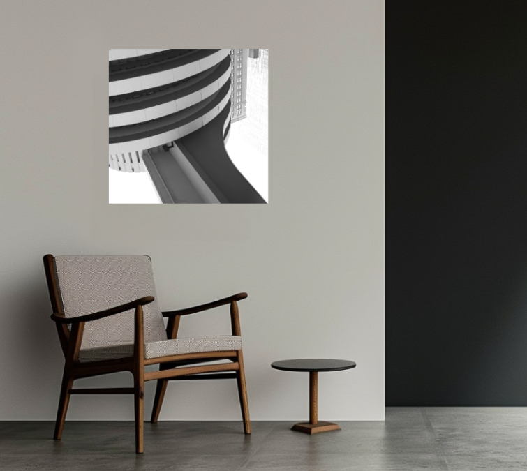 Inverted Radius 30 × 30 inch acrylic print shown to scale in a contemporary interior