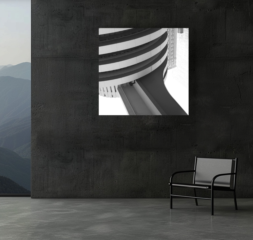 Inverted Radius 40 × 40 inch acrylic print shown to scale in a contemporary interior