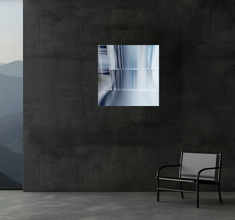 Layered Threshold 30 × 30 inch metal print shown to scale in a contemporary interior