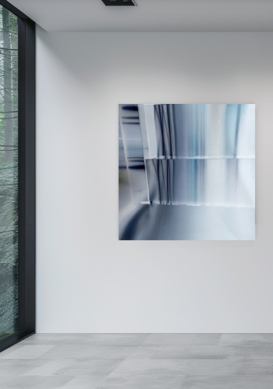 Layered Threshold 40 x 40 inch metal print shown to scale in a contemporary interior