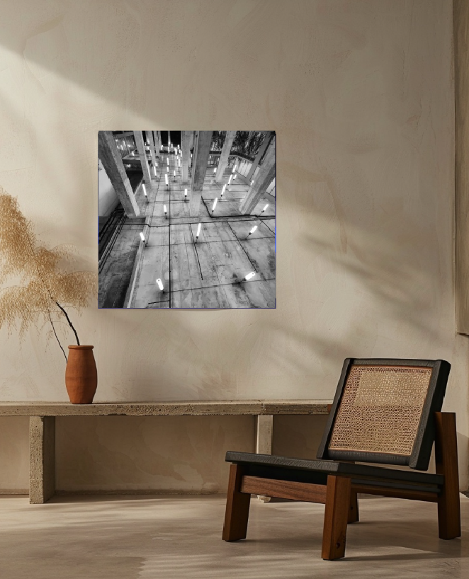 Luminous Grid II, 30 × 30-inch acrylic  print displayed in a contemporary interior setting.