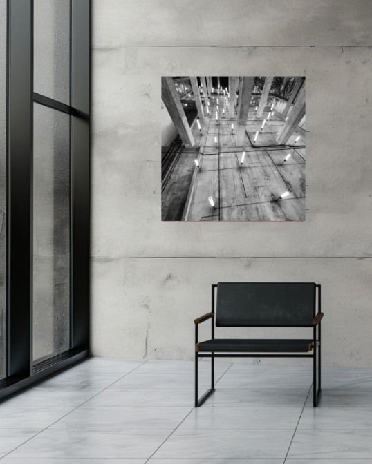 Luminous Grid II, 40 × 40-inch acrylic print displayed in a contemporary interior.