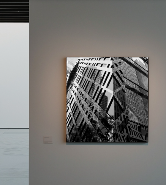 Obsidian Cube 30 × 30 inch metal print shown to scale in a contemporary gallery interior