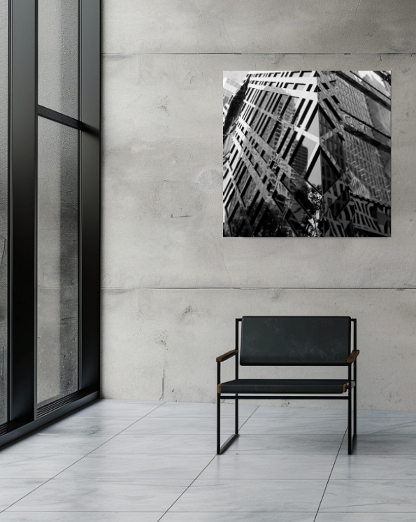 Obsidian Cube 40 × 40 inch metal print shown to scale in a contemporary gallery interior