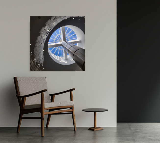 Open Oculus 30 × 30 inch metal print shown to scale in a contemporary interior