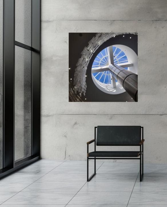 Open Oculus 40 × 40 inch metal print shown to scale in a contemporary interior