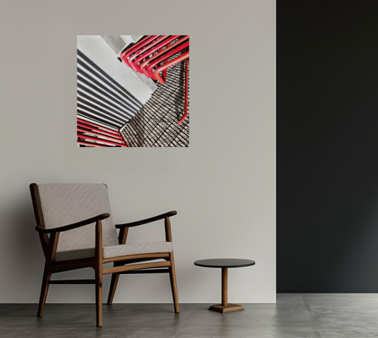 Red Interval 30 × 30 inch metal print shown to scale in a contemporary interior