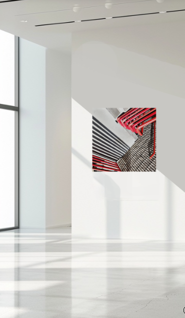 Red Interval 40 × 40 inch metal print shown to scale in a contemporary interior