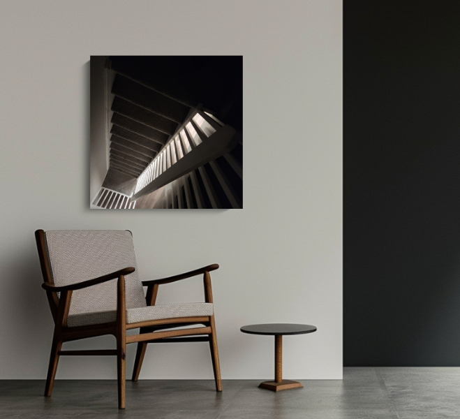 Rising Rail — 30 × 30 inch acrylic print shown to scale in a contemporary interior.