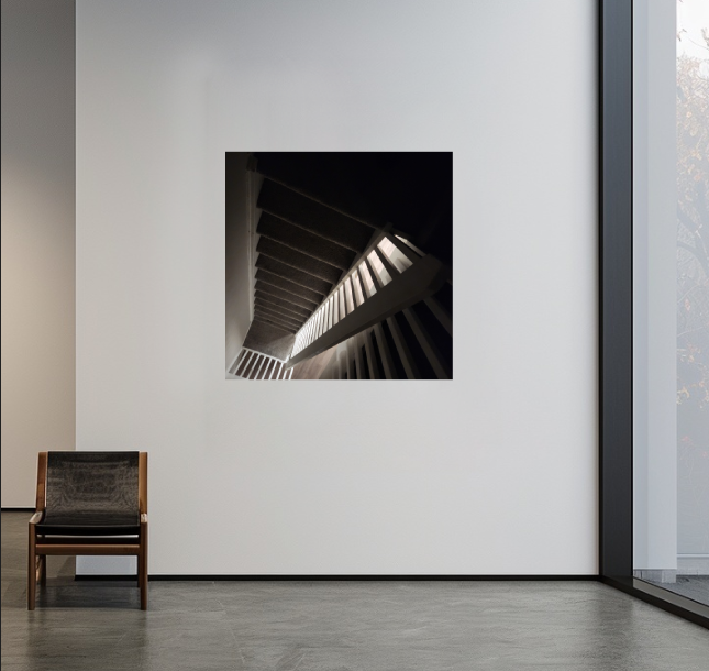 A 40 × 40-inch black-and-white acrylic print displayed in a contemporary interior setting.