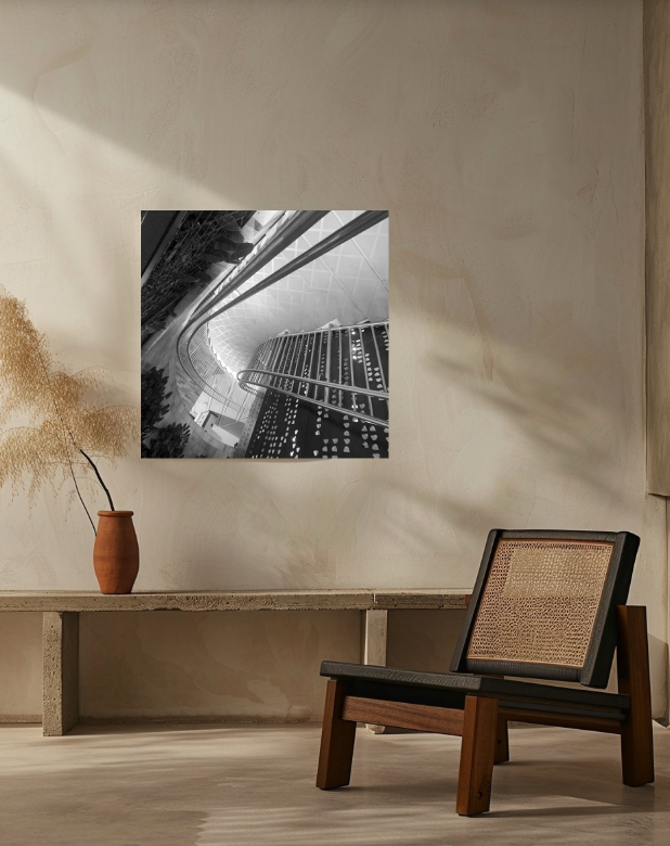 Signal Bend 30 × 30 inch acrylic print shown to scale in a contemporary interior