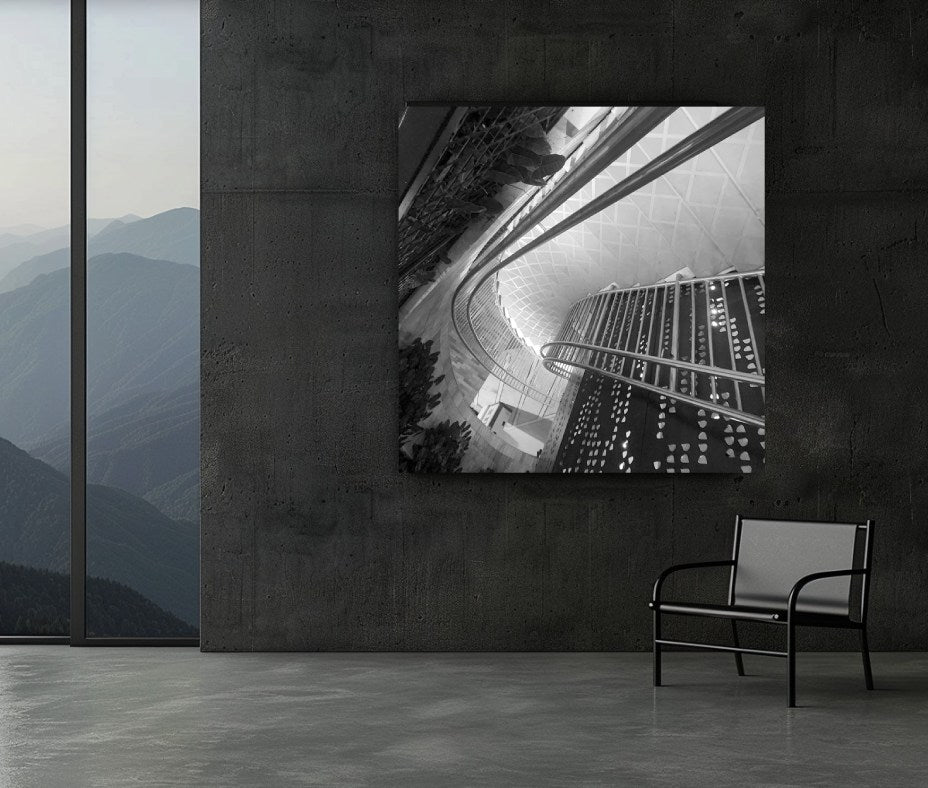 Signal Bend 40 × 40 inch acrylic print shown to scale in a contemporary interior
