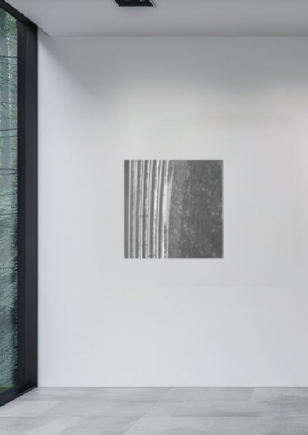 Silver Pour 30 x 30 inch acrylic print shown to scale in a contemporary gallery interior