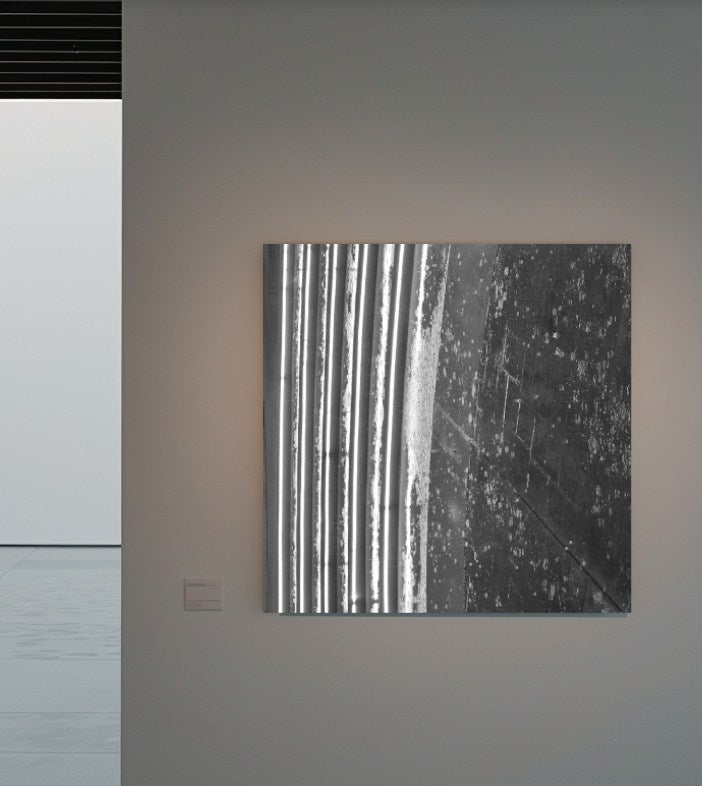 Siler Pour 40 x 40 inch acrylic print shown to scale in a contemporary interiorl