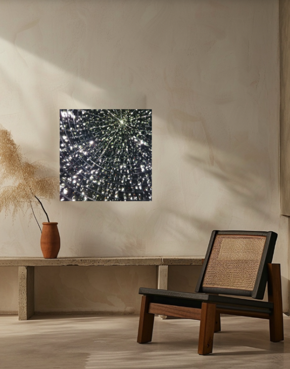 Starfield Vault 30 × 30 inch metal print shown to scale in a contemporary gallery interior