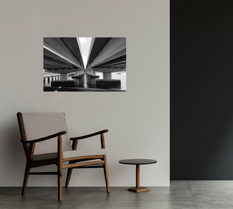 Under Beam 36 × 24 inch  acrylic print shown to scale in a contemporary concrete interior