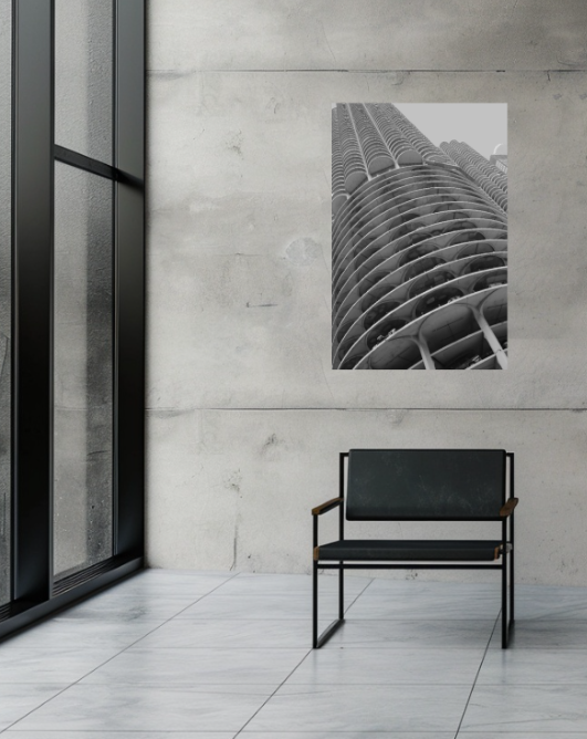 Vertical Pressure, 24 × 36-inch black-and-white acrylic print displayed in a contemporary interior setting.
